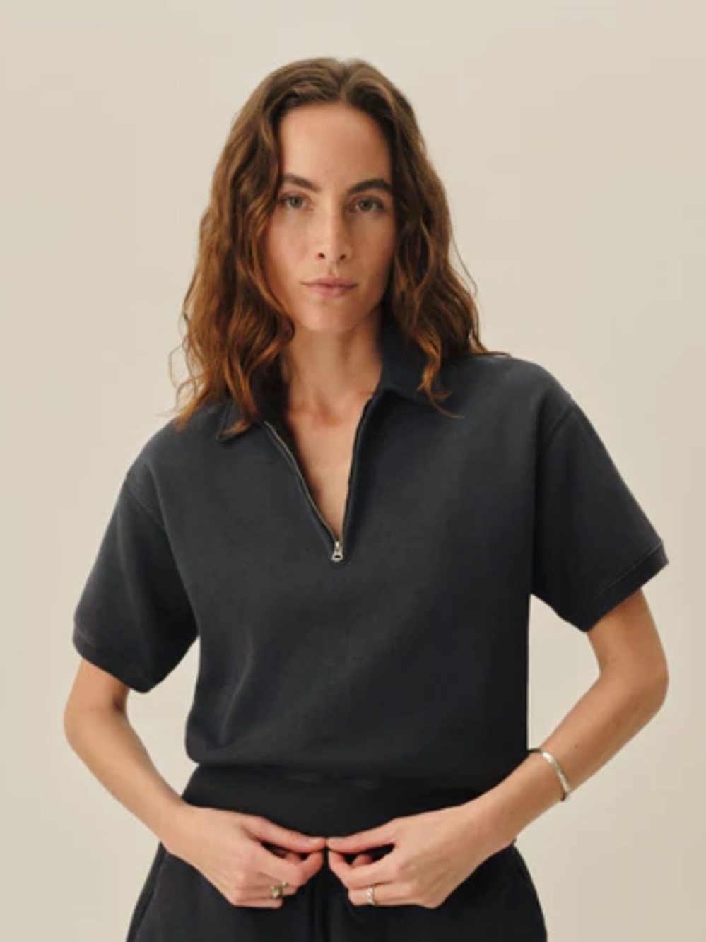 Buck Mason Dark Gray Navy Vintage Interloop Short Sleeve Terry Quarter Zip